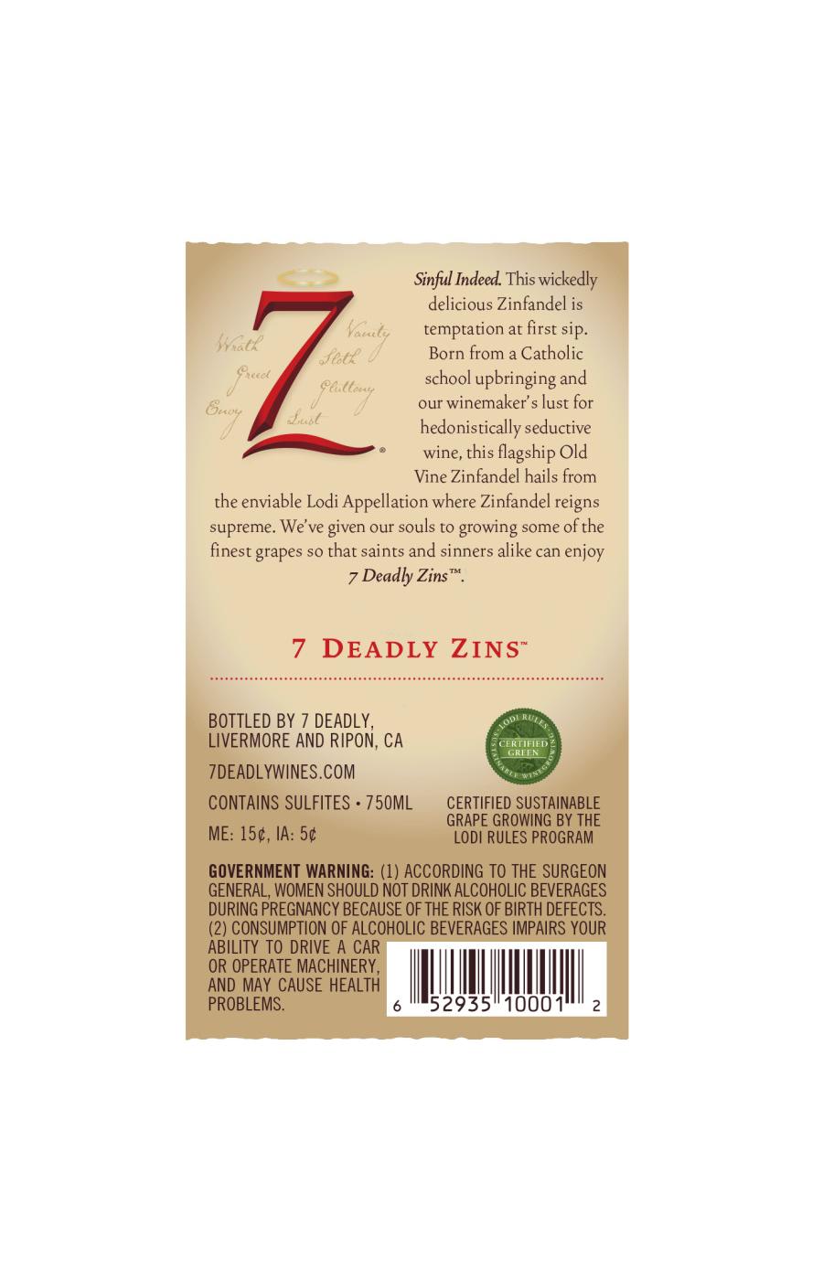 7 Deadly Sin Select Zins Zinfandel Wine; image 2 of 6