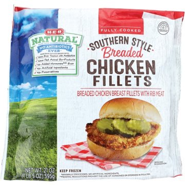 H-E-B Natural Fully Cooked Frozen Southern Style Breaded Chicken Fillets, 21 oz