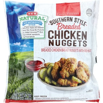 H-E-B Natural Fully Cooked Frozen Southern Style Breaded Chicken Nuggets, 24 oz