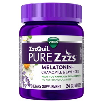 Vicks ZzzQuil PURE Zzzs Melatonin Gummies, Sleep Aid with Chamomile & Lavender, Wildberry Vanilla Flavor, 24 ct