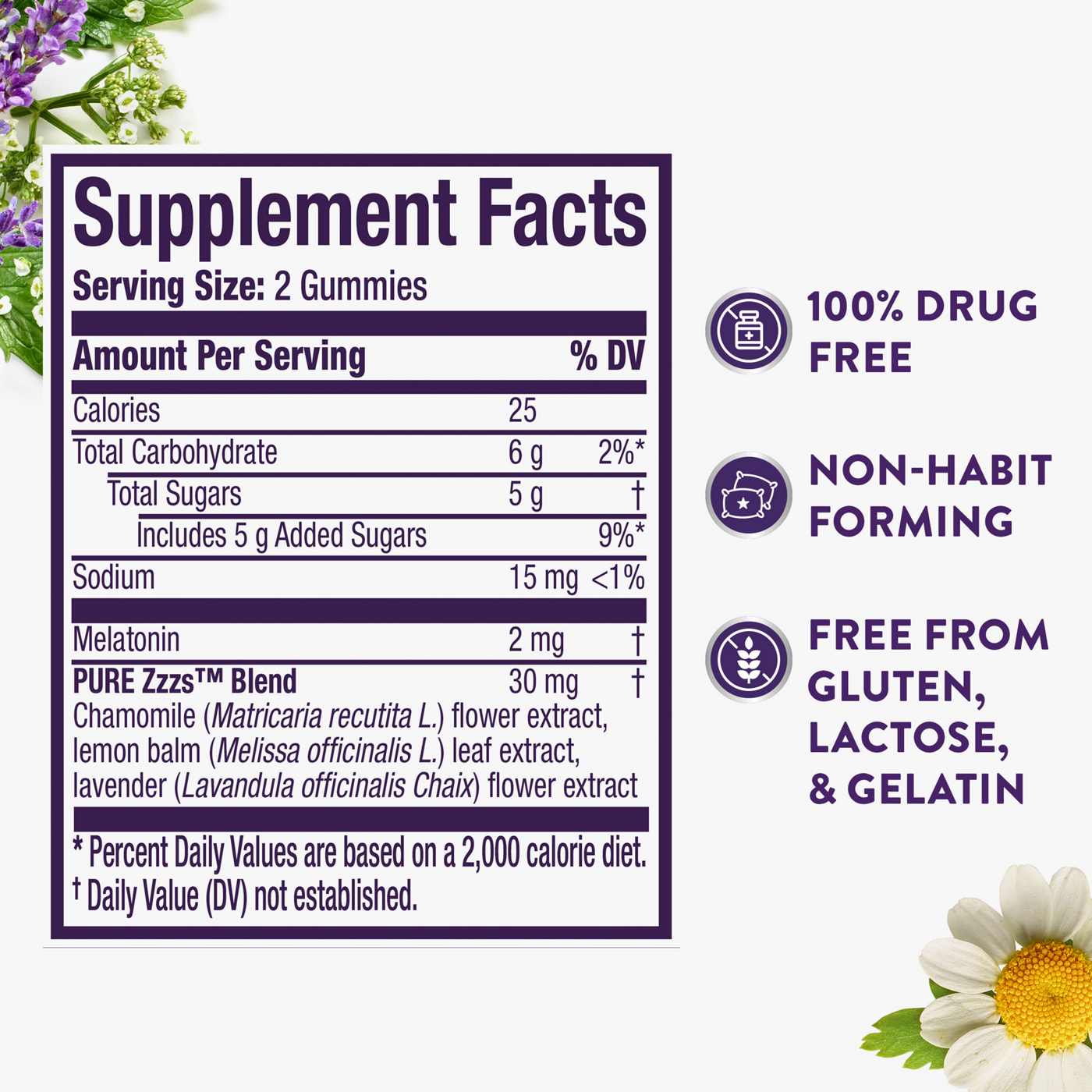 Vicks ZzzQuil PURE Zzzs Melatonin Gummies, Sleep Aid with Chamomile & Lavender, Wildberry Vanilla Flavor; image 2 of 6