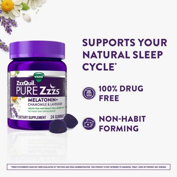 Vicks ZzzQuil PURE Zzzs Melatonin Gummies, Sleep Aid with Chamomile & Lavender, Wildberry Vanilla Flavor, 24 ct