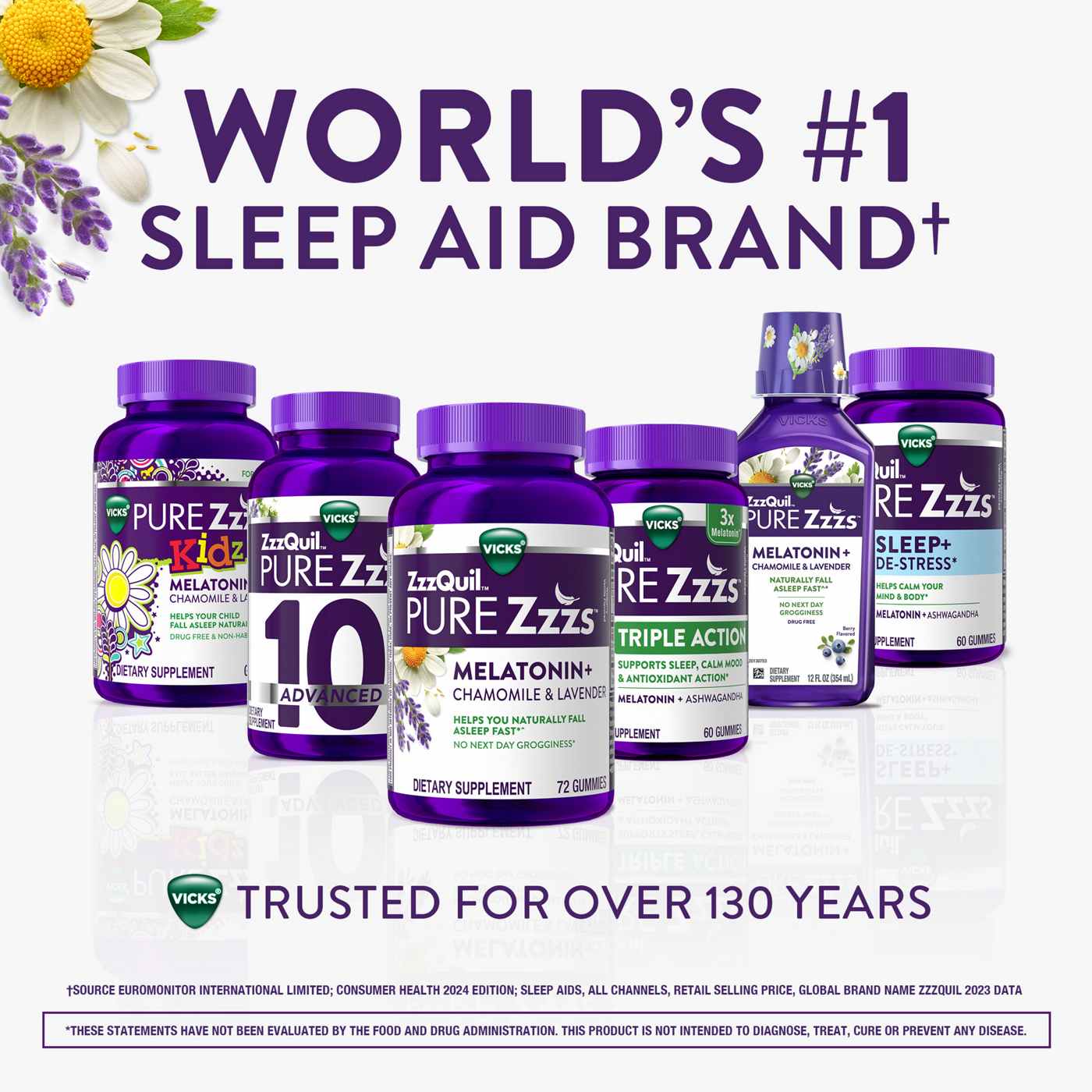 Vicks ZzzQuil PURE Zzzs Melatonin Gummies, Sleep Aid with Chamomile & Lavender, Wildberry Vanilla Flavor; image 4 of 6