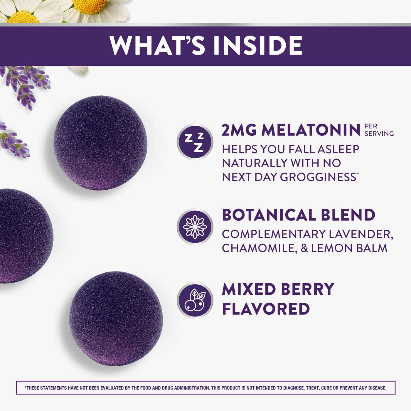 Vicks ZzzQuil PURE Zzzs Melatonin Gummies, Sleep Aid with Chamomile & Lavender, Wildberry Vanilla Flavor; image 6 of 6