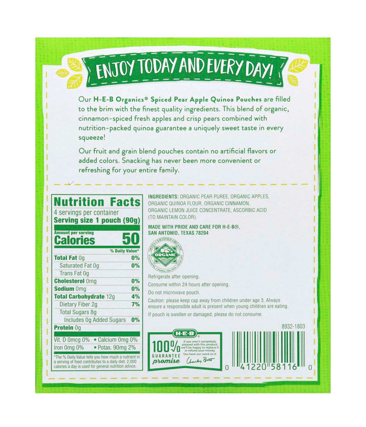 H-E-B Organics Blended Fruit & Grain Pouches - Pear Apple Quinoa; image 2 of 2