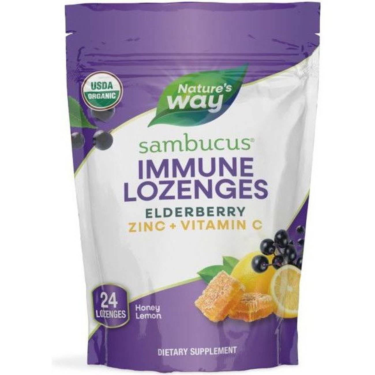 Nature's Way Sambucus Organic Elderberry, Zinc & Vitamin C Immune Lozenges - Honey Lemon, 24 ct