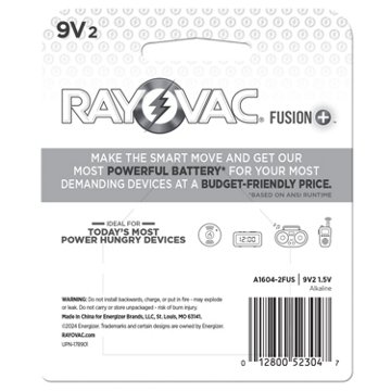 Rayovac Fusion 9 Volt Batteries, 2 pk