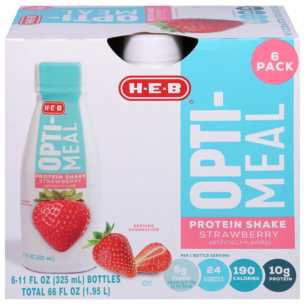 H-E-B OPTI-MEAL 10g Protein Shakes 6 pk Bottles - Strawberry, 11 oz