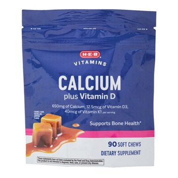 H-E-B Vitamins 650 mg Calcium + D3 & K1 Soft Chews - Caramel, 90 ct