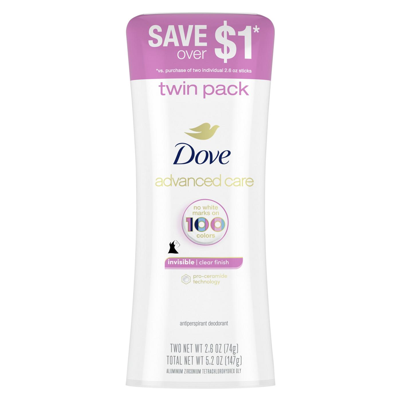 Dove Advanced Care Invisible Clear Finish Twin Antiperspirant Deodorant; image 1 of 12