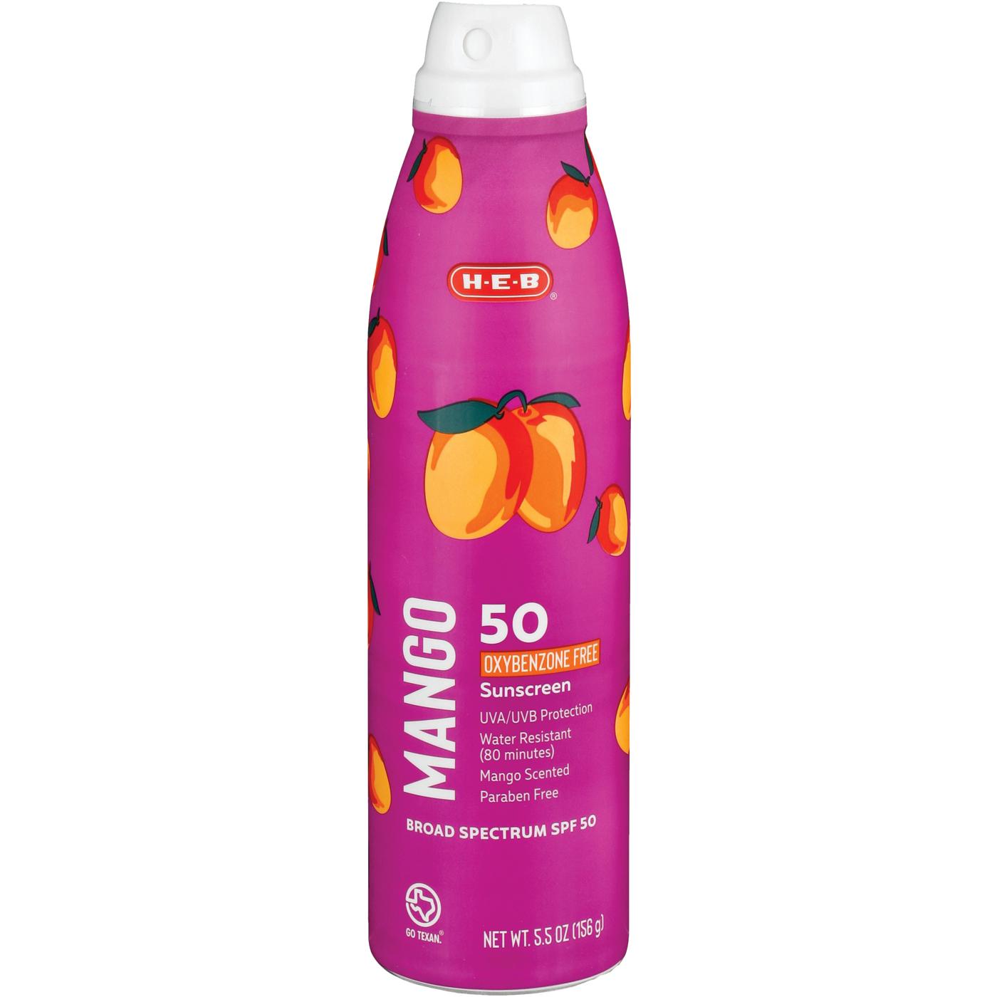 H-E-B Oxybenzone Free Mango Sunscreen Spray – SPF 50; image 1 of 4