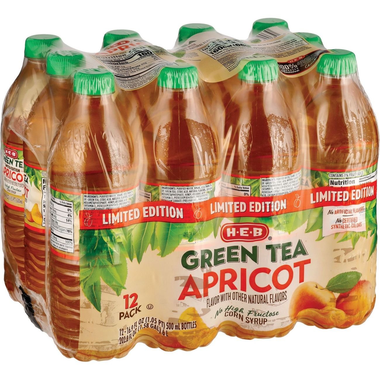 H-E-B Apricot Green Tea 12 pk Bottles, 16.9 oz