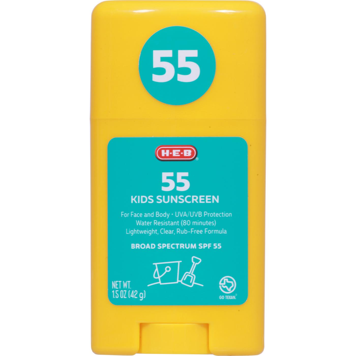 H-E-B Kids Unscented Broad Spectrum Sunscreen Stick – SPF 55; image 1 of 4