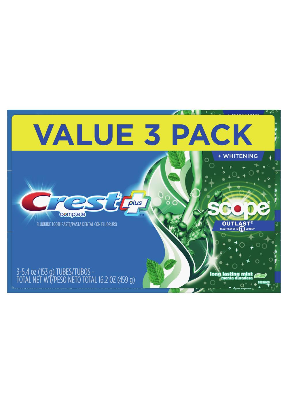 Crest Complete + Scope Outlast Whitening Toothpaste - Long Lasting Mint, 3 Pk; image 1 of 10