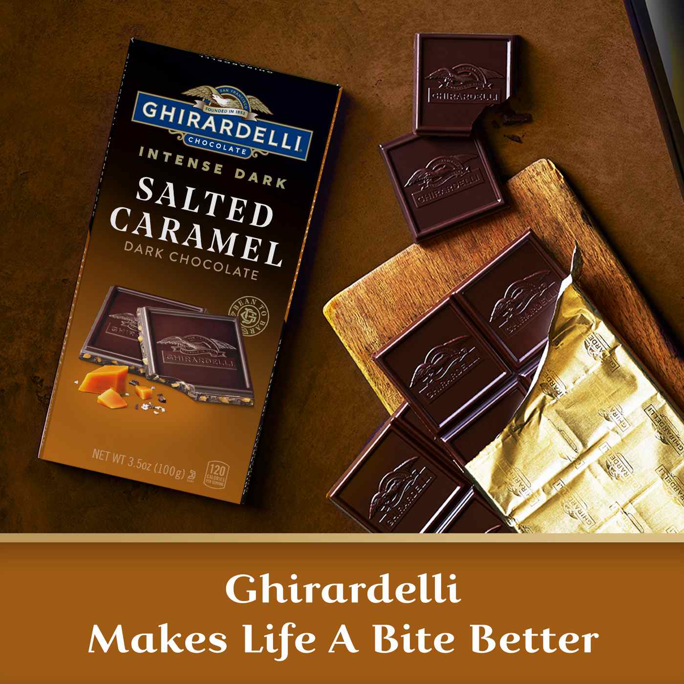 Ghirardelli Salted Caramel Intense Dark Chocolate Bar; image 6 of 6