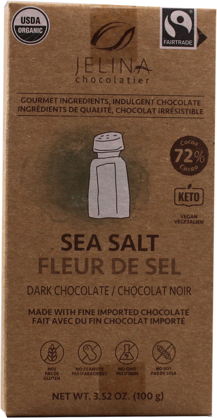 Jelina Chocolatier Sea Salt 72% Dark Chocolate Bar, 3.52 oz