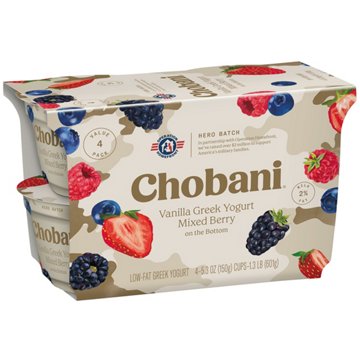 Chobani Low-Fat Mixed Berry on the Bottom Vanilla Greek Yogurt, 4 ct