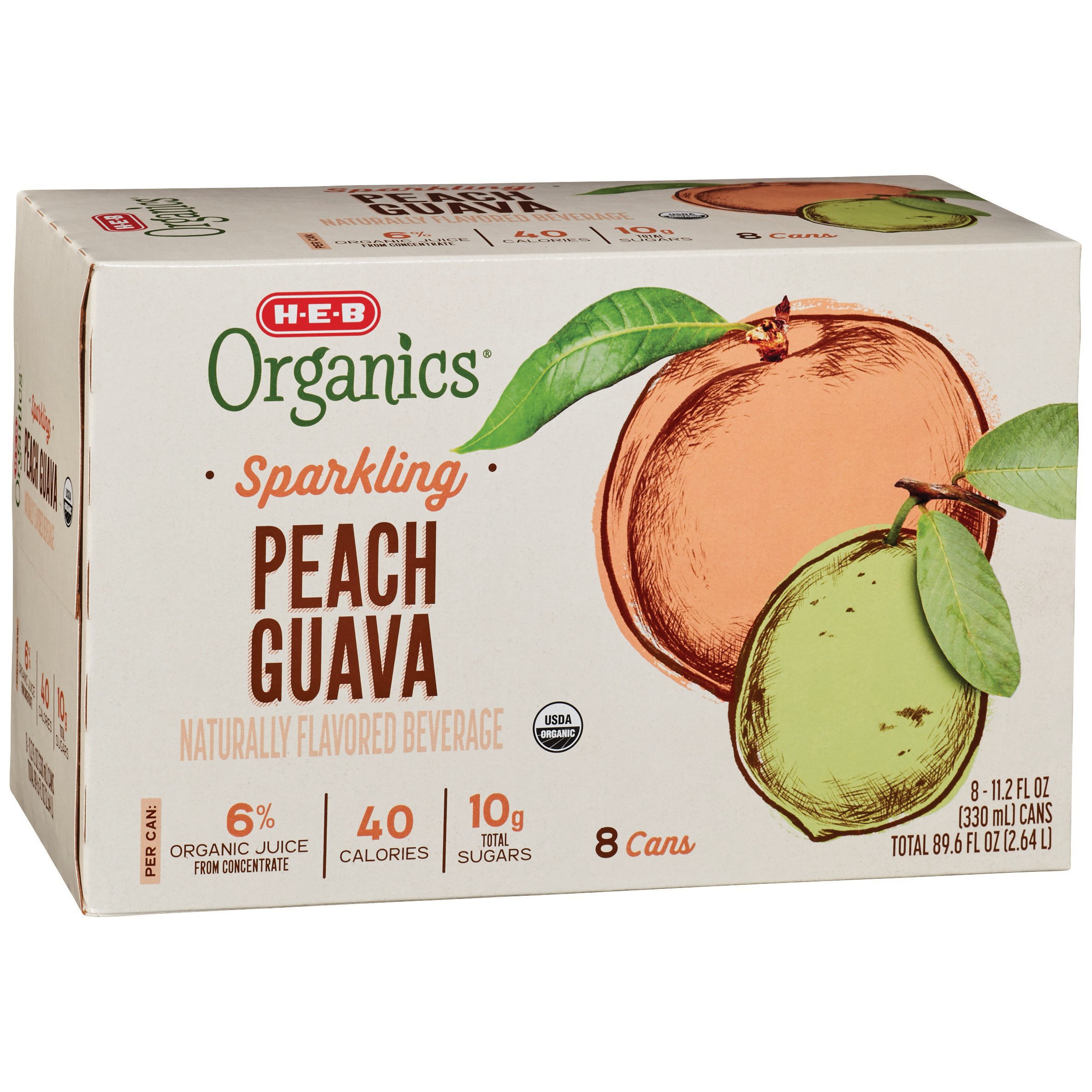 HEB Organics Peach Guava Sparkling Beverage 11.2 oz Cans Shop Water