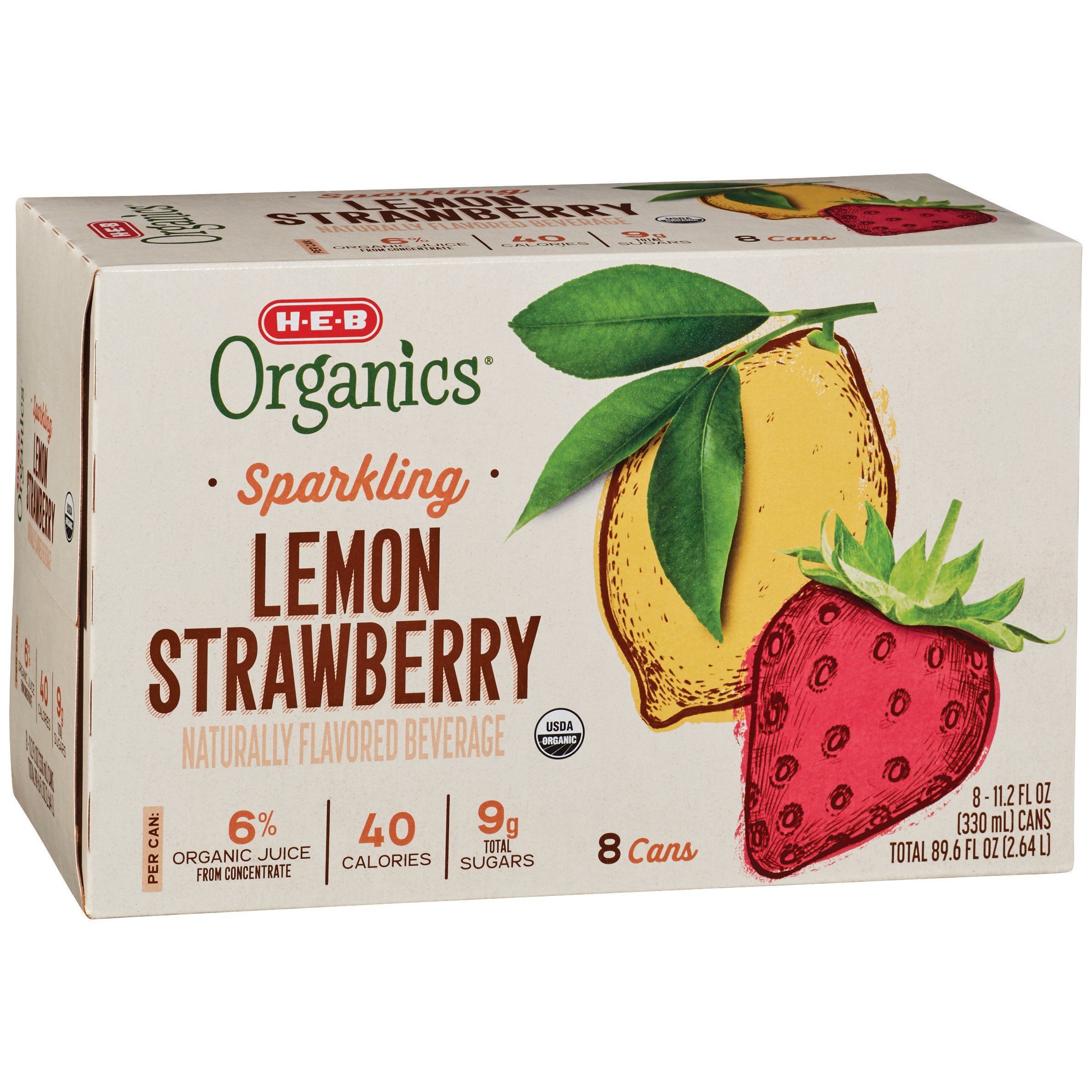 H-E-B Organics Lemon Strawberry Sparkling Beverage 8 pk Cans, 11.2 oz