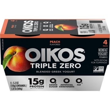 Oikos Triple Zero 15g Protein Sugar Free Nonfat Blended 4 pk Greek Yogurt - Peach 