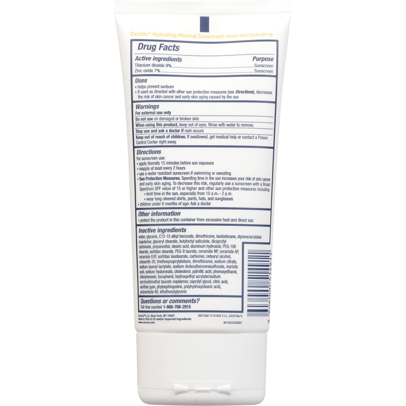 CeraVe Hydrating Mineral Sunscreen Body Lotion Broad Spectrum SPF 50 ; image 3 of 3