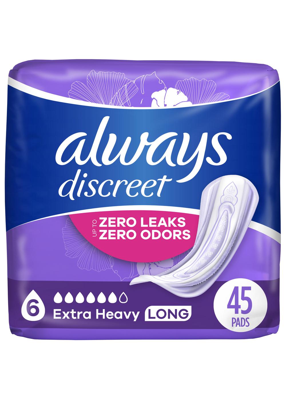 Always Discreet Incontinence & Postpartum Pads - 6 Extra Heavy Long - Shop  Incontinence at H-E-B