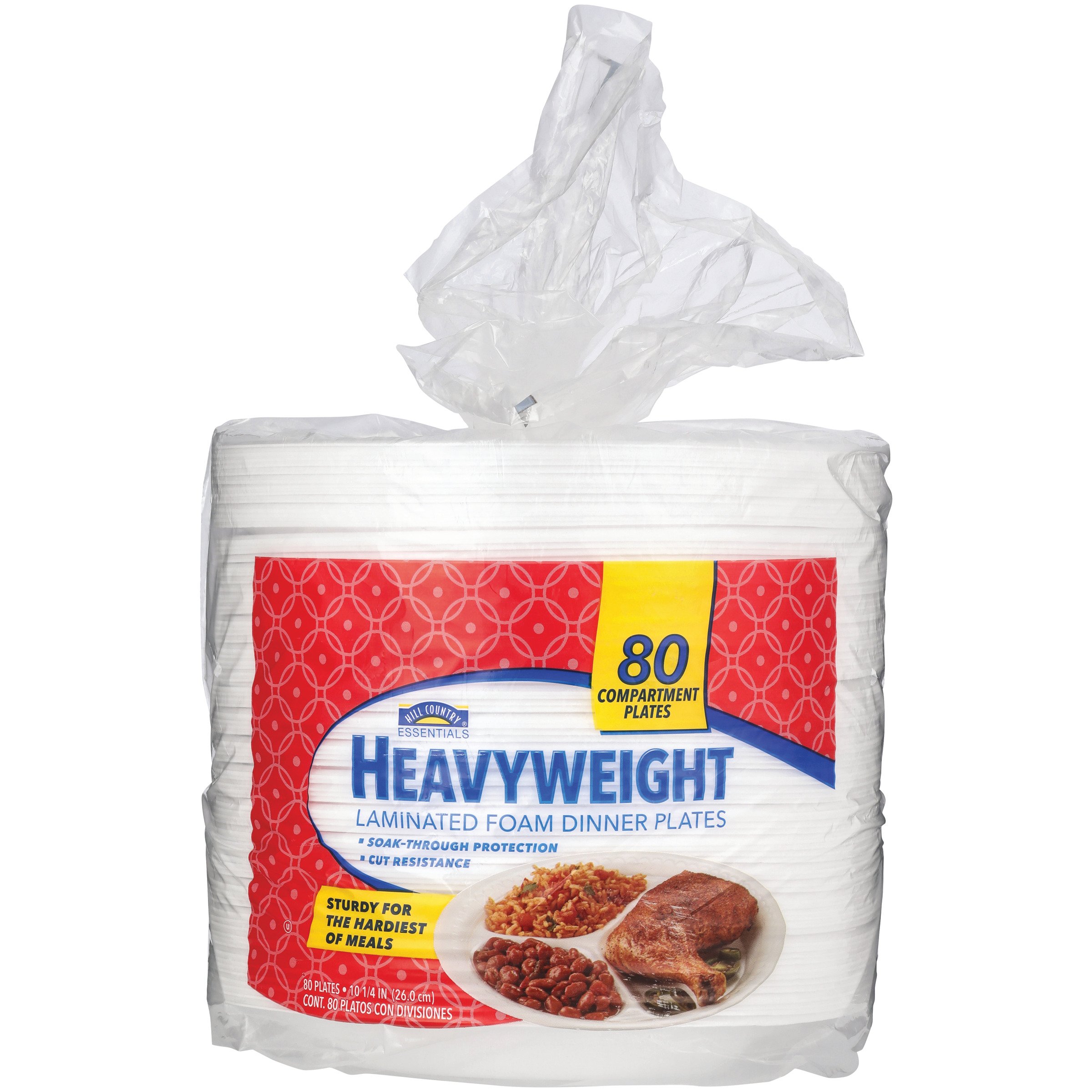 Hill Country Essentials Heavy Weight Laminated 10.2 in Compartment Foam Plates, 80 ct