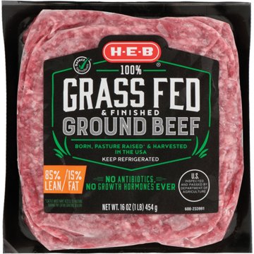 H-E-B Grass Fed & Finished Ground Beef, 85% Lean, 1 lb