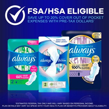 Always Ultra Thin Overnight Pads with Wings, Extra Heavy Overnight, Unscented Size 5, 46 ct