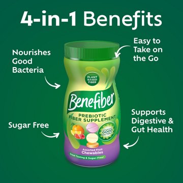 Benefiber Chewable Prebiotic Fiber Supplement Tablets for Digestive Health, Assorted Fruit Flavors