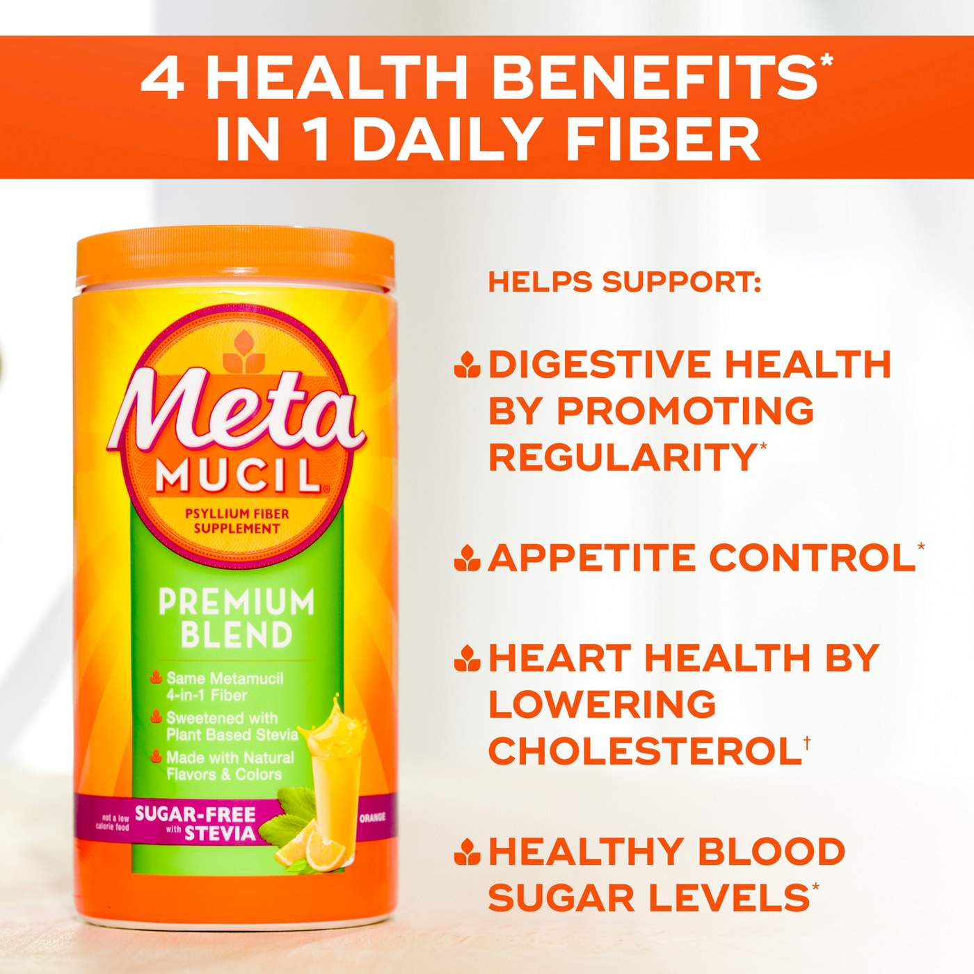 Metamucil Premium Blend Fiber Supplement, Daily Fiber Powder for Digestive Health, with Stevia Plant-Based Sweetener, Sugar-Free, Orange Flavor; image 7 of 8