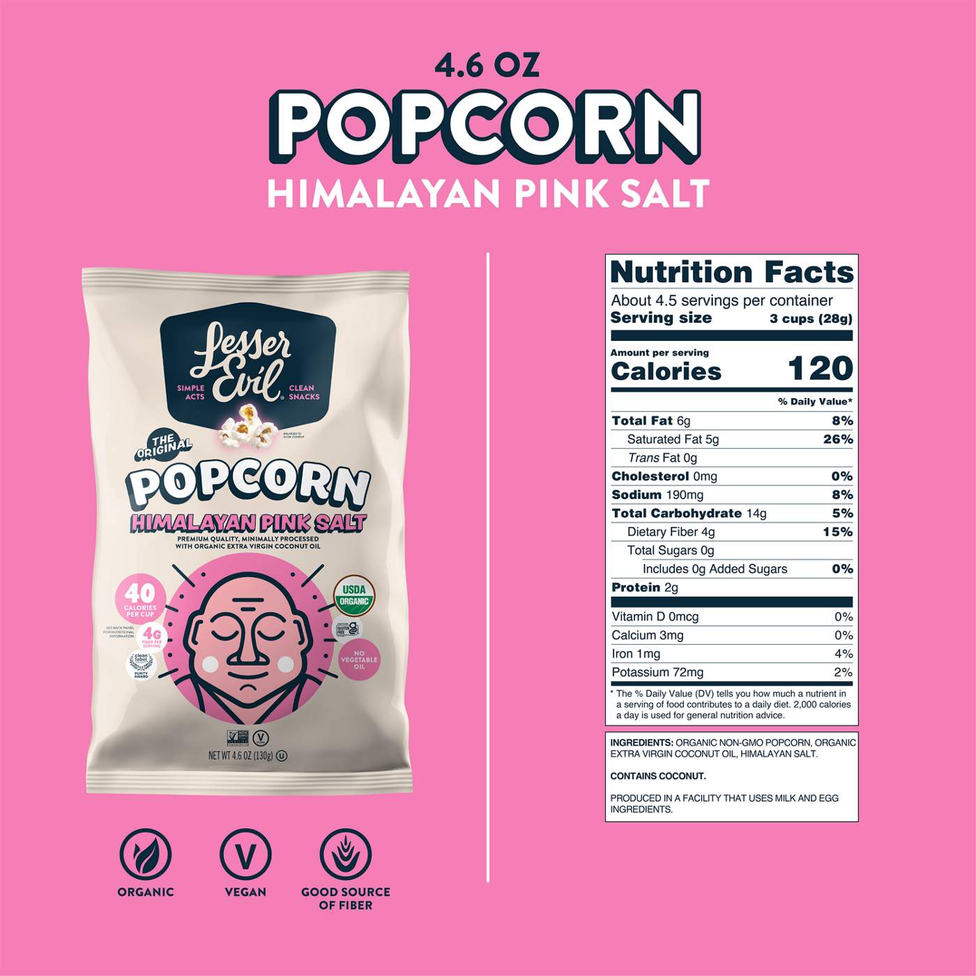 Lesser Evil Organic Popcorn Himalayan Pink Salt; image 3 of 4
