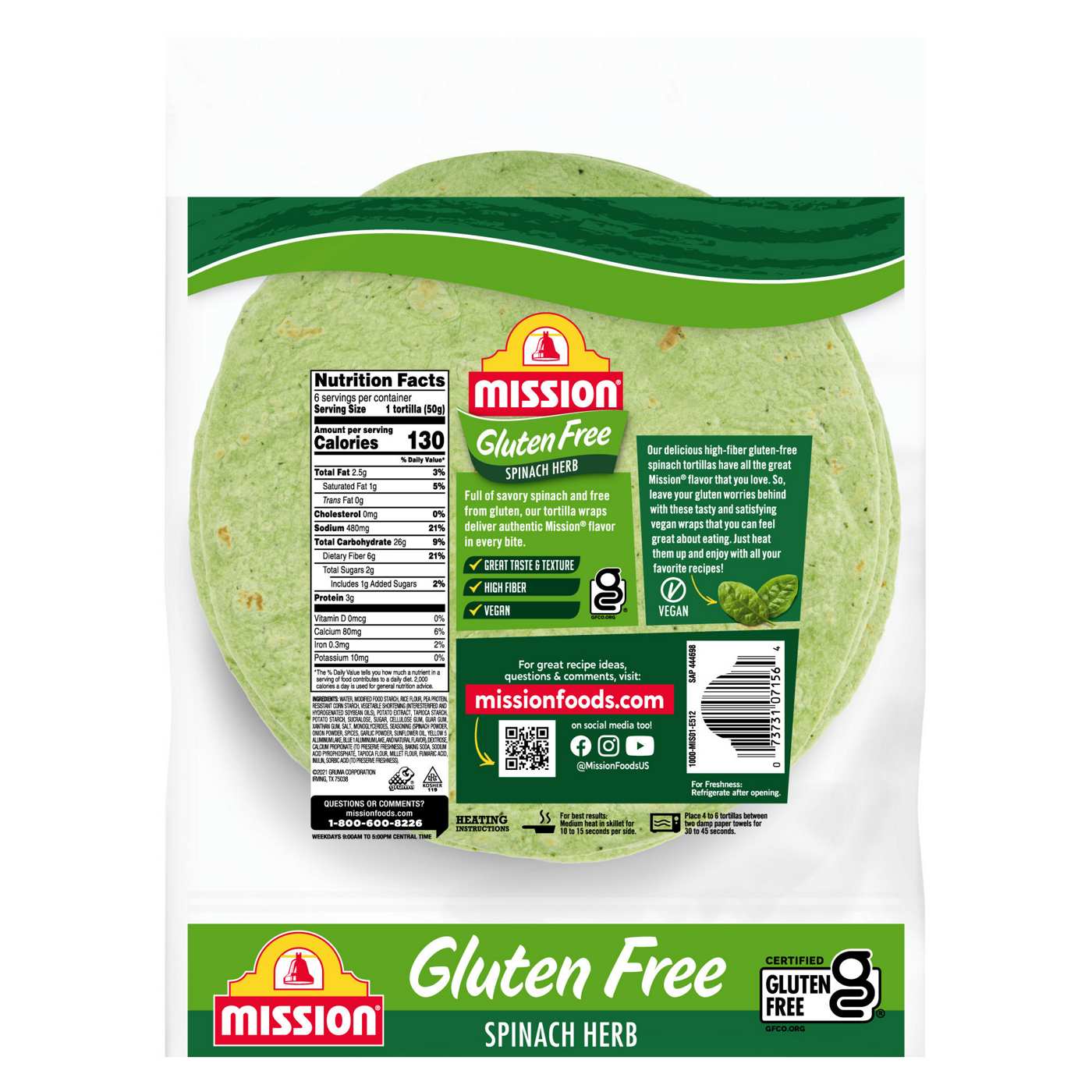 Mission Gluten Free Spinach Herb Tortilla Wraps 6 Count; image 7 of 8