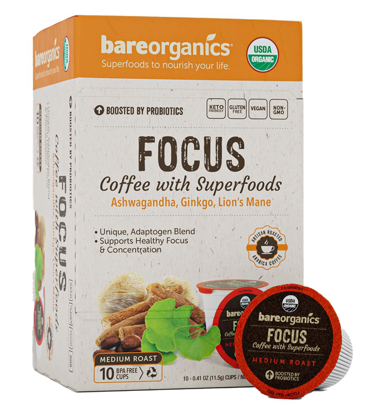 Bare Organics Medium Roast Focus Organic Coffee with Superfoods Single Serve Cups; image 1 of 2