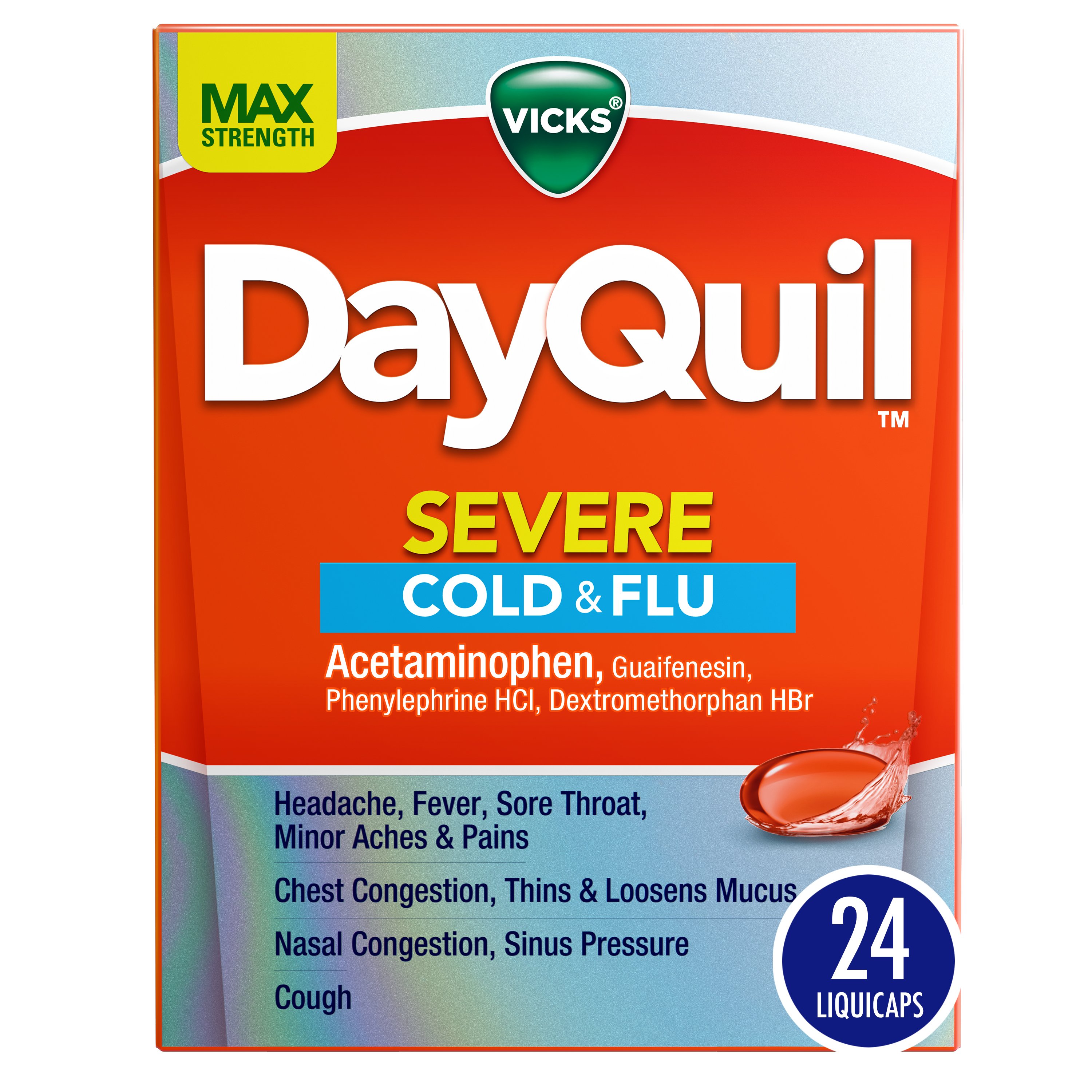Vicks DayQuil SEVERE Cold & Flu Liquicaps Over-the-Counter Medicine, Powerful Non-Drowsy Daytime Relief, 24 ct