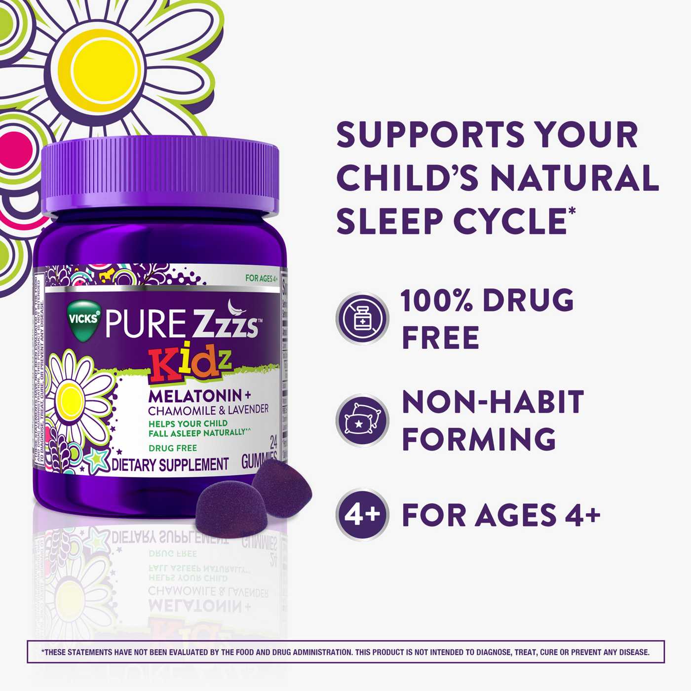 Vicks PURE Zzzs Kids Melatonin Sleep Aid Gummies with Chamomile & Lavender, Berry Flavor; image 3 of 6