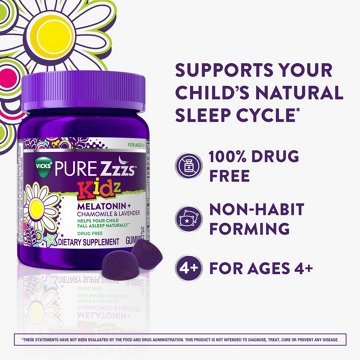 Vicks PURE Zzzs Kids Melatonin Sleep Aid Gummies with Chamomile & Lavender, Berry Flavor, 24 ct