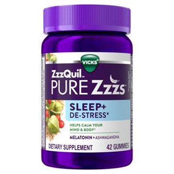 Vicks ZzzQuil PURE Zzzs De-Stress Melatonin Gummies, Sleep Aid with Ashwagandha, 42 ct
