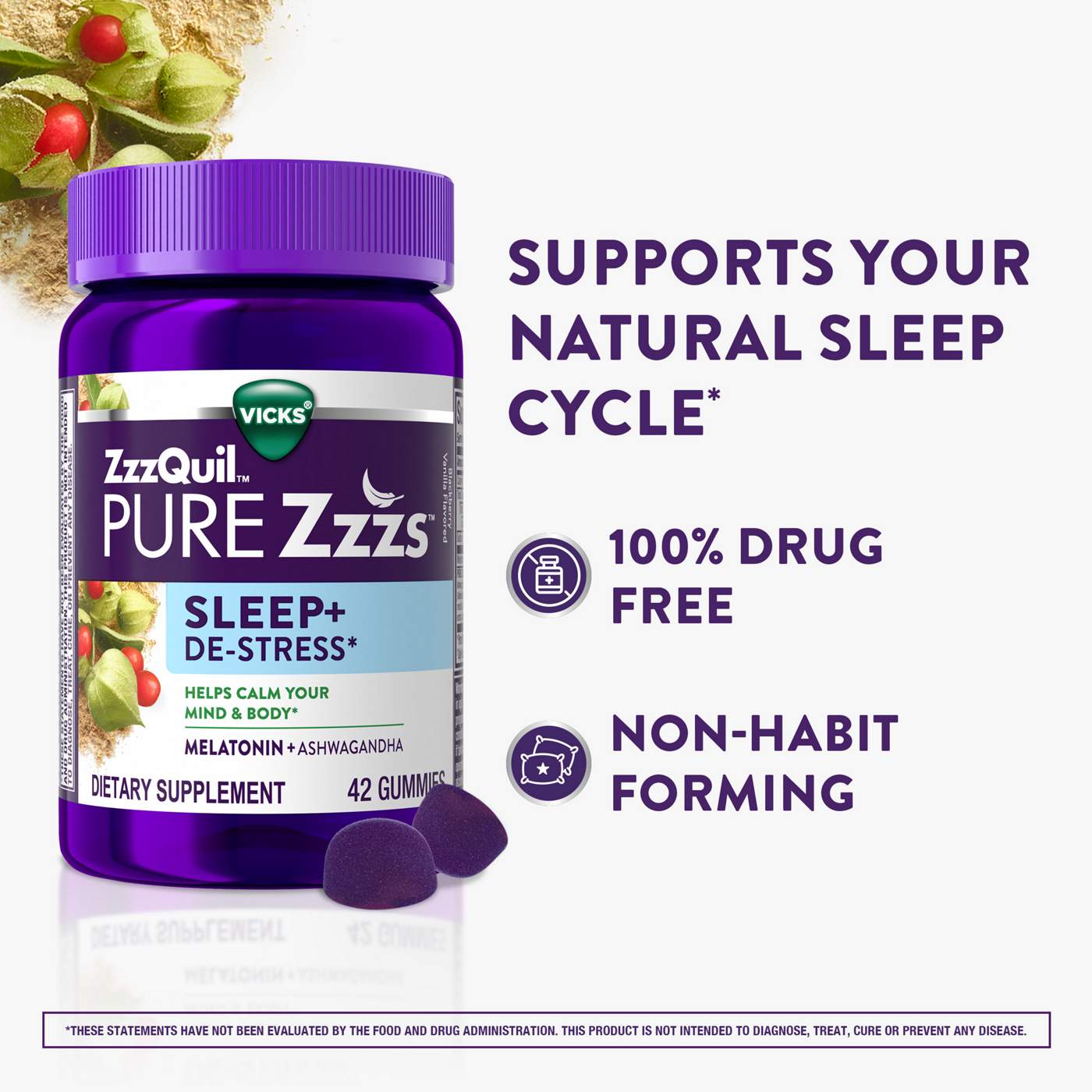Vicks ZzzQuil PURE Zzzs De-Stress Melatonin Gummies, Sleep Aid with Ashwagandha; image 3 of 4