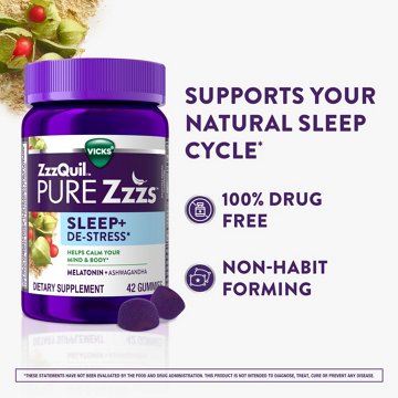 Vicks ZzzQuil PURE Zzzs De-Stress Melatonin Gummies, Sleep Aid with Ashwagandha, 42 ct