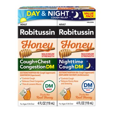 Robitussin Maximum Strength Honey Cough + Chest Congestion DM and Maximum Strength Honey Nighttime Cough DM, Value Pack of Cough Medicine for Adults and Children 12+, Honey Flavored