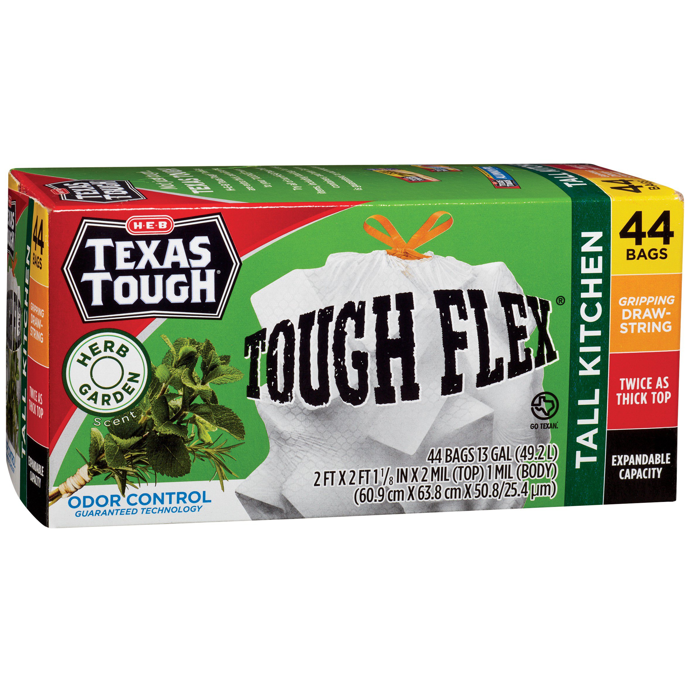 H E B Texas Tough Tough Flex Drawstring Herb Garden Scent Tall Kitchen 13 Gallon Trash Bags 