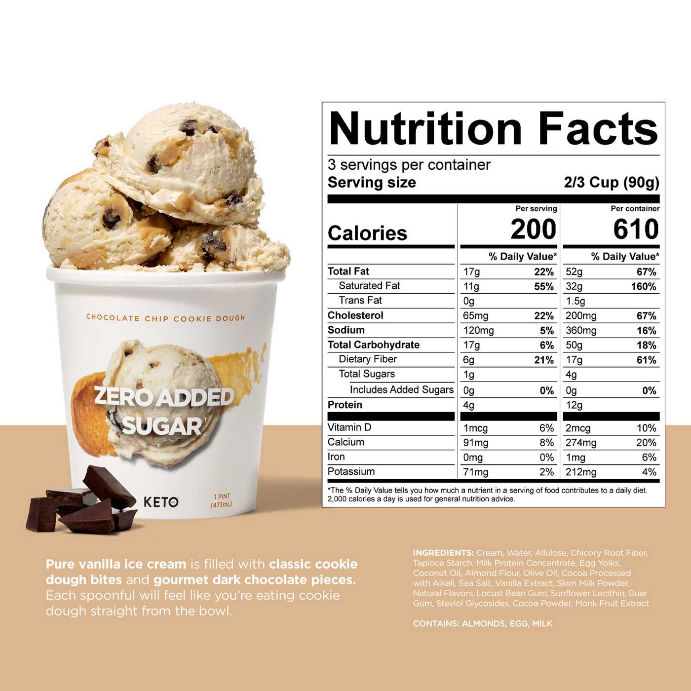 Keto Pint Zero Added Sugar Chocolate Chip Cookie Dough Ice Cream; image 4 of 5