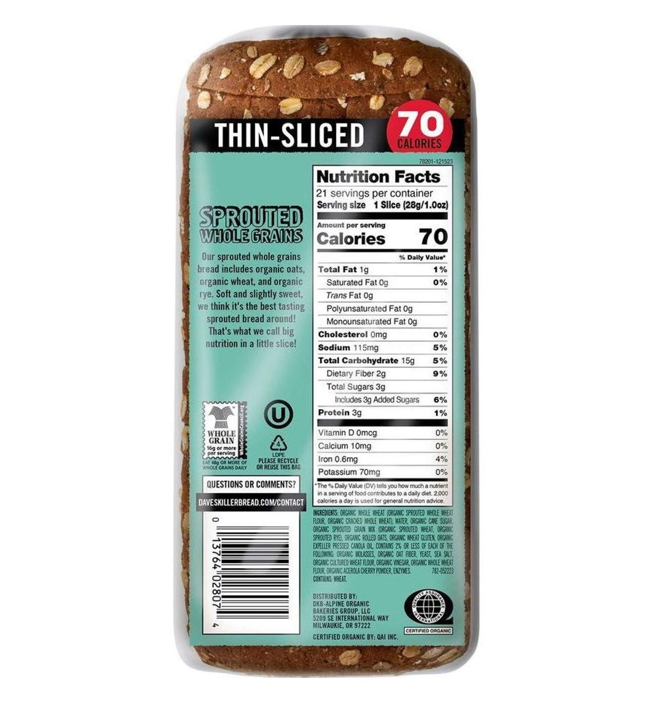 Dave's Killer Bread Sprouted Whole Grains Thin Sliced Organic Bread; image 2 of 6