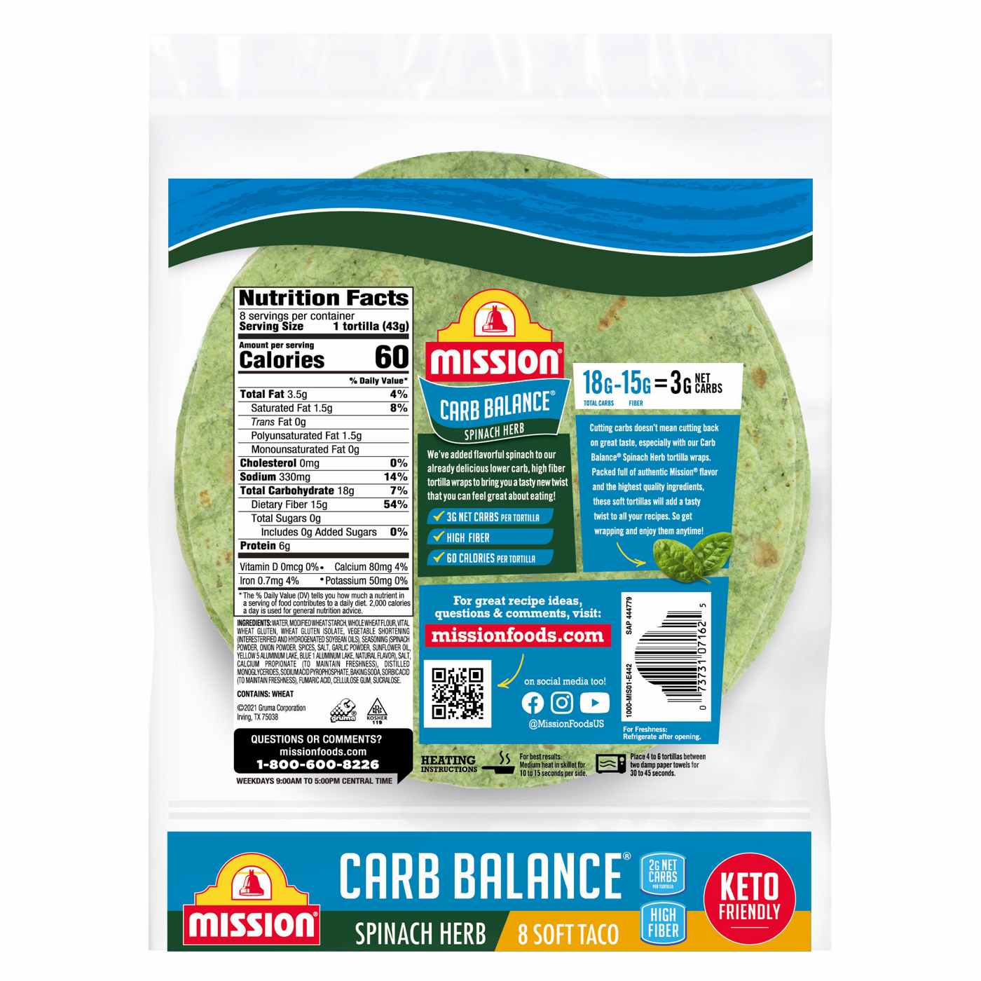 Mission Super Soft Carb Balance Spinach Herb Soft Taco Flour Tortillas 8 Count; image 2 of 8