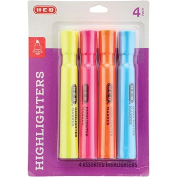 H-E-B Chisel Tip Highlighters - Assorted Ink, 4 pk