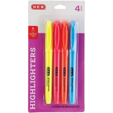 H-E-B Narrow Chisel Tip Highlighters - Assorted Ink, 4 pk