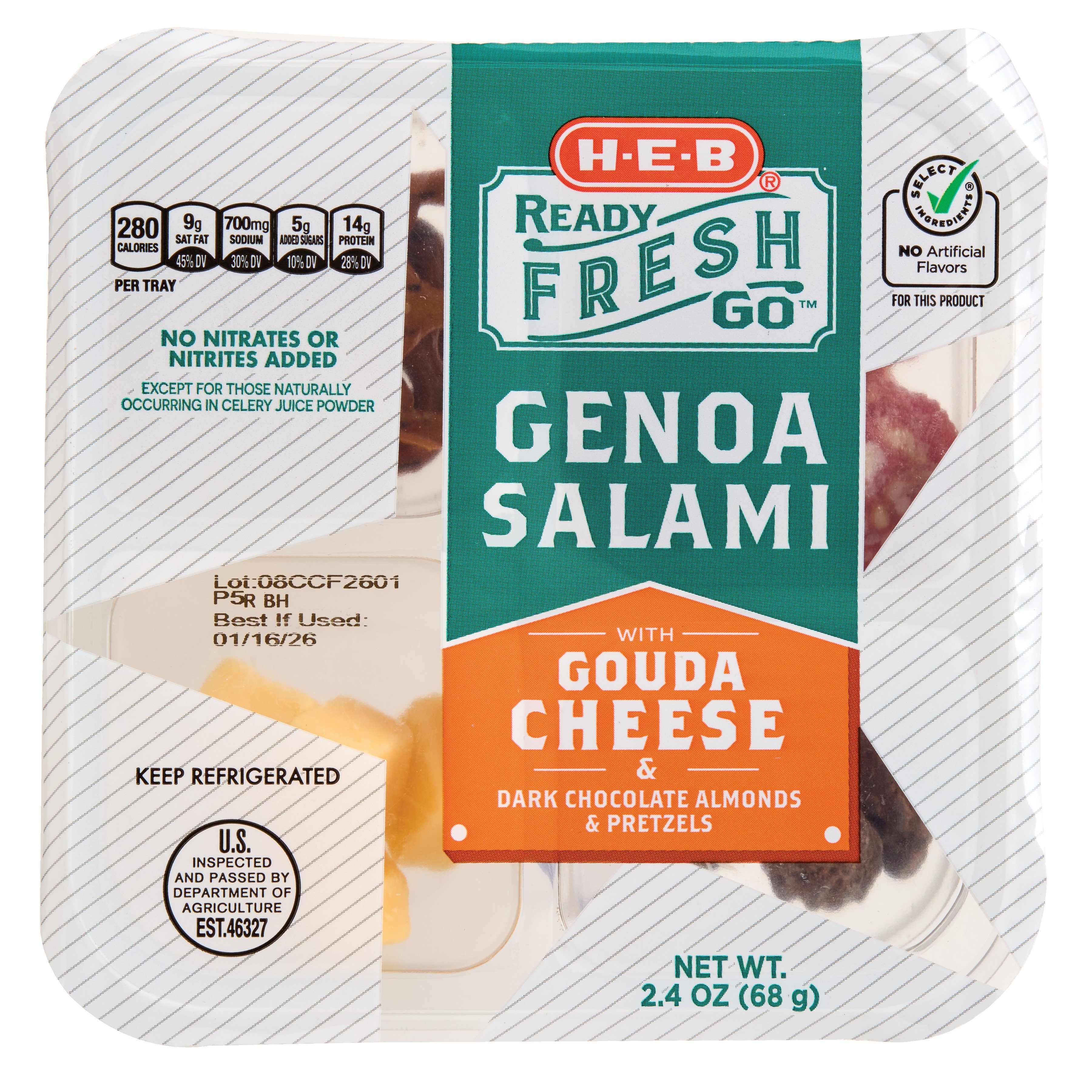 H-E-B Ready, Fresh, Go! Snack Tray - Genoa Salami & Gouda Cheese, 2.4 oz