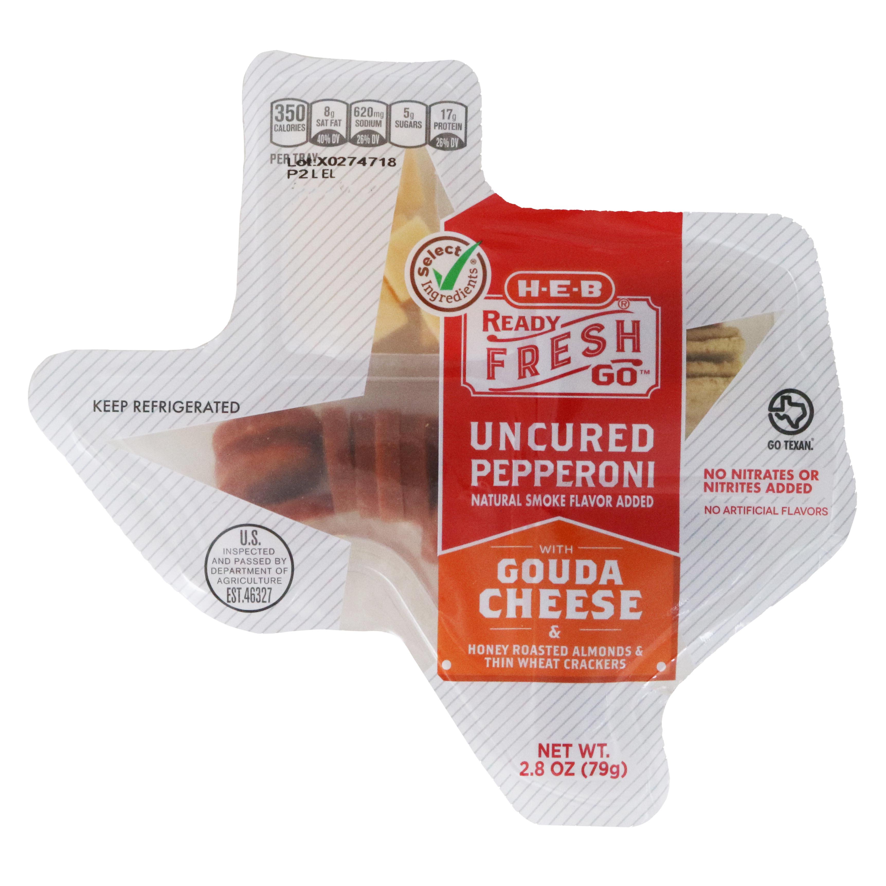 HEB Ready Fresh Go! Uncured Pepperoni with Gouda Cheese Snack Tray Shop Snack Trays at HEB