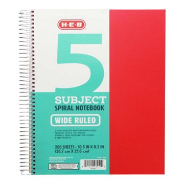 H-E-B 5 Subject Wide Ruled Poly Spiral Notebook - Red, 10.5" x 8.5"
